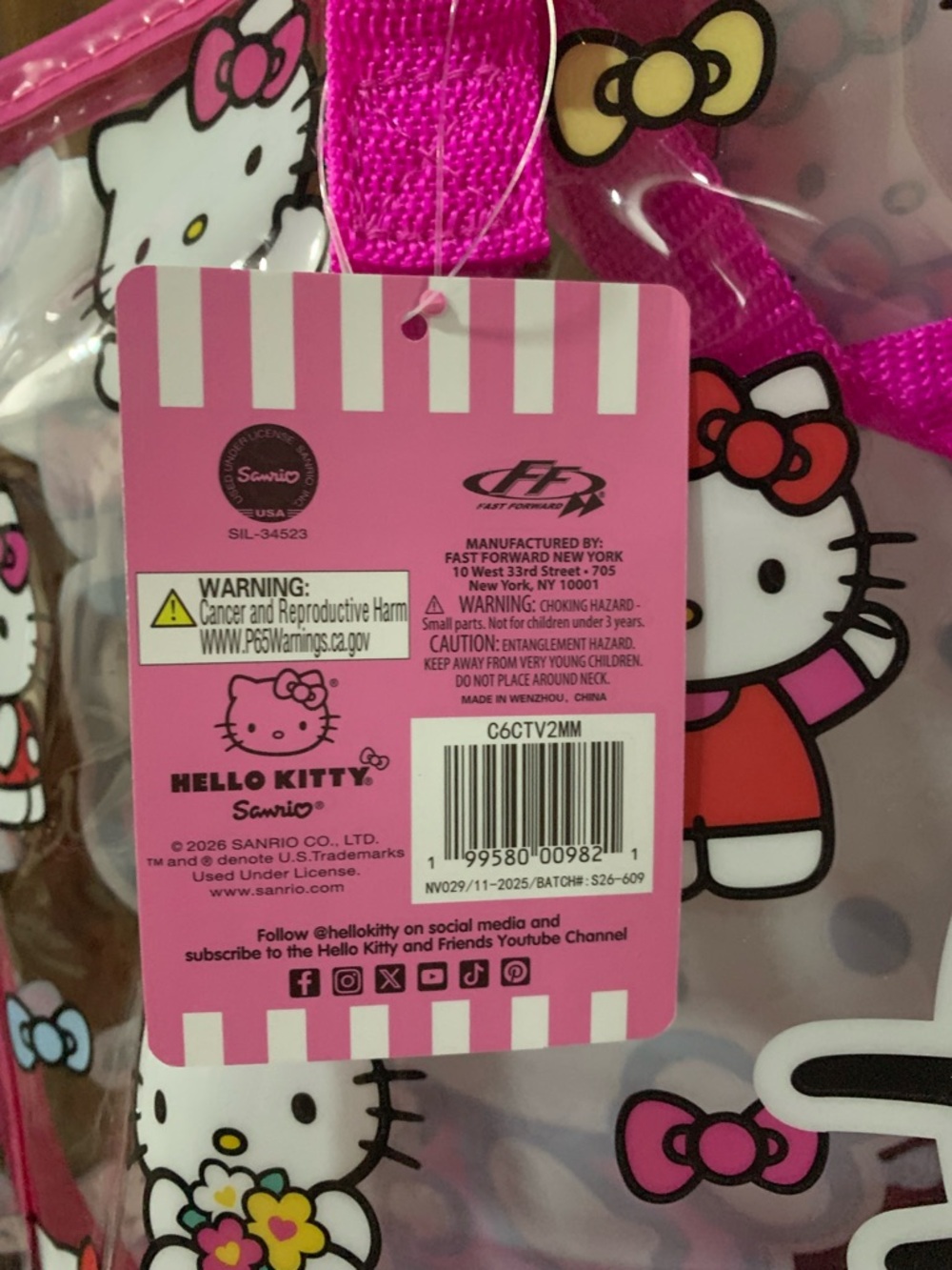 Hello Kitty Clear Tote Bag with Hot Pink Trim and Handles - Picture 5 of 6